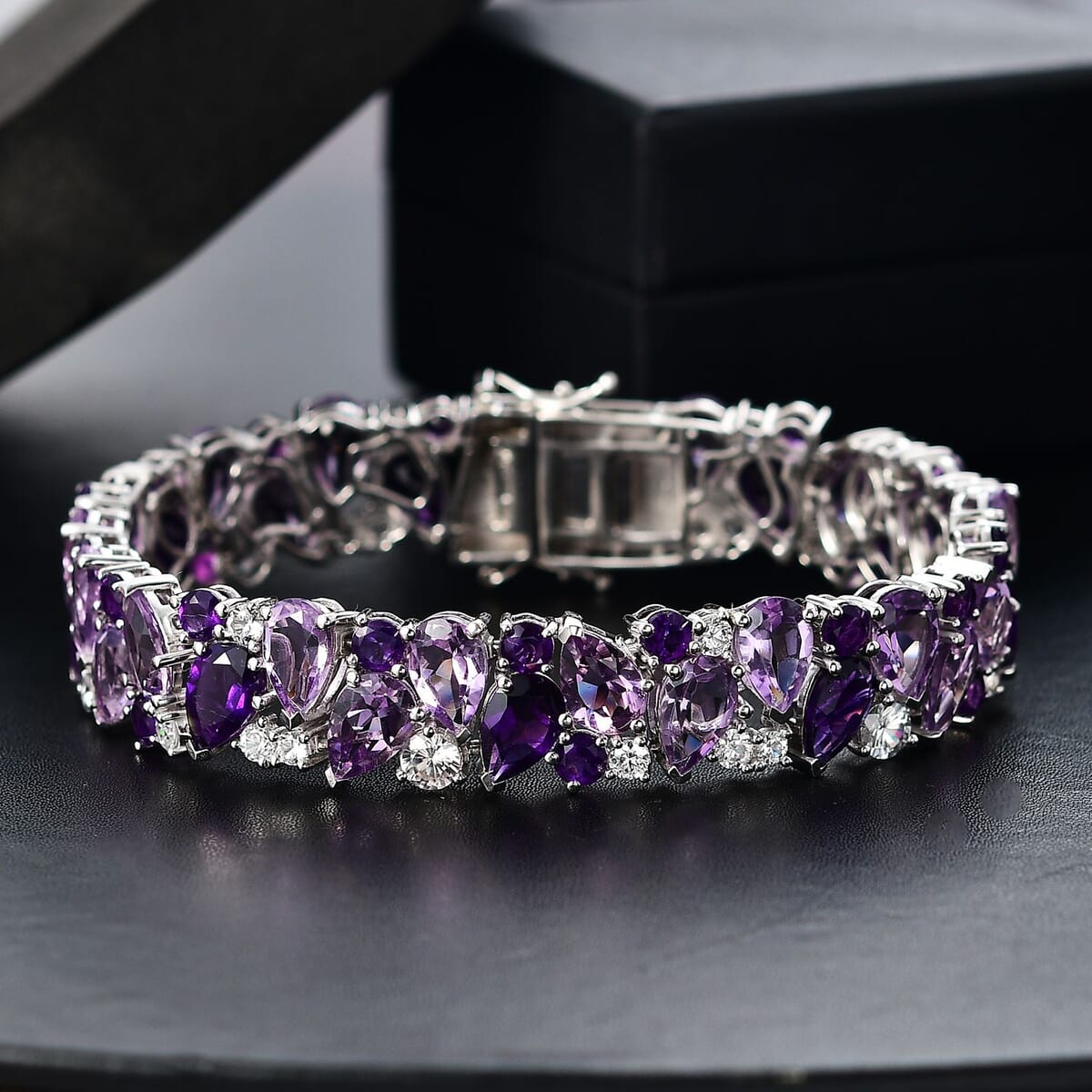 AAA Rose De France Amethyst and Multi Gemstone 36.15 ctw Bloom Bracelet in Rhodium Over Sterling Silver (6.50 In) image number 1