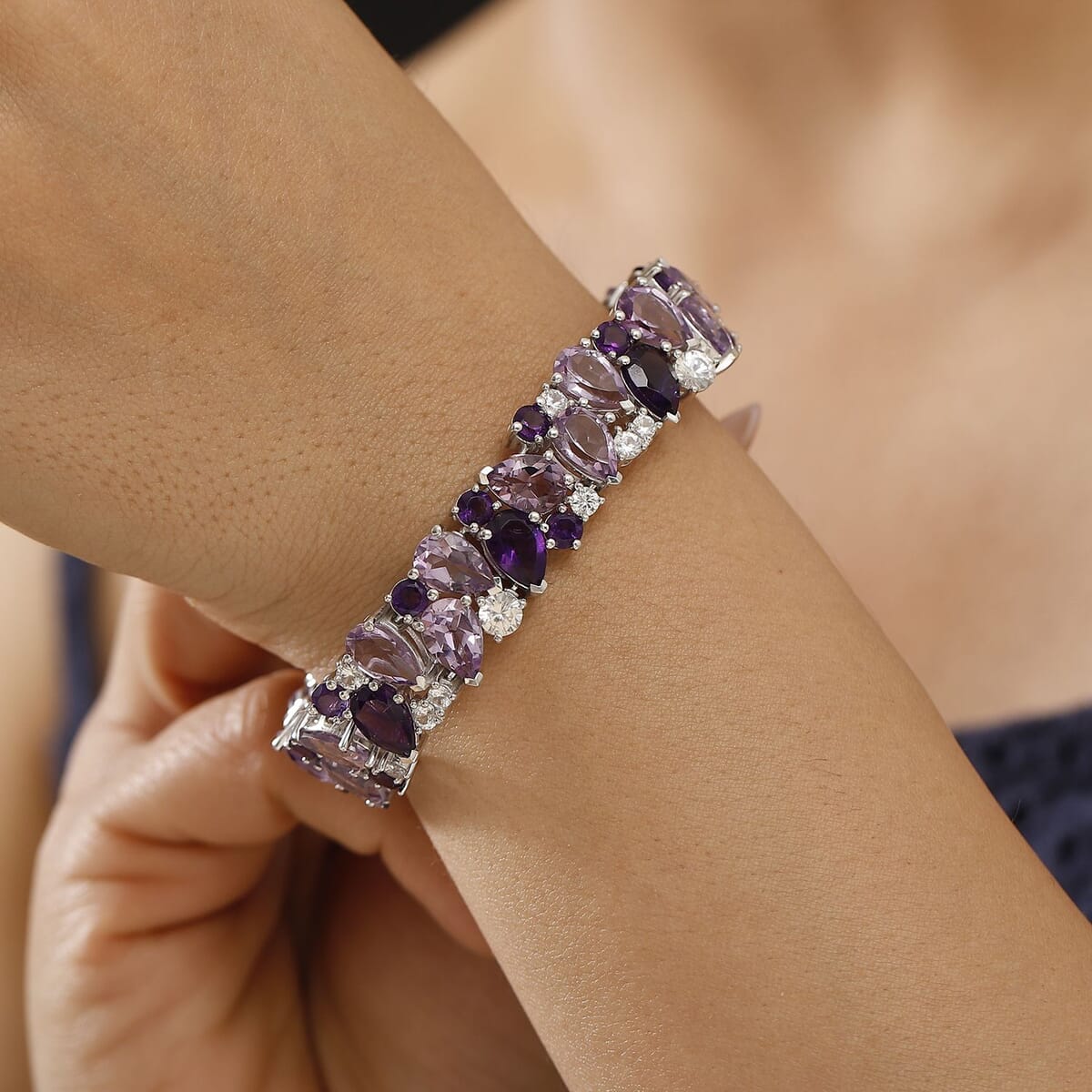 AAA Rose De France Amethyst and Multi Gemstone 36.15 ctw Bloom Bracelet in Rhodium Over Sterling Silver (6.50 In) image number 2