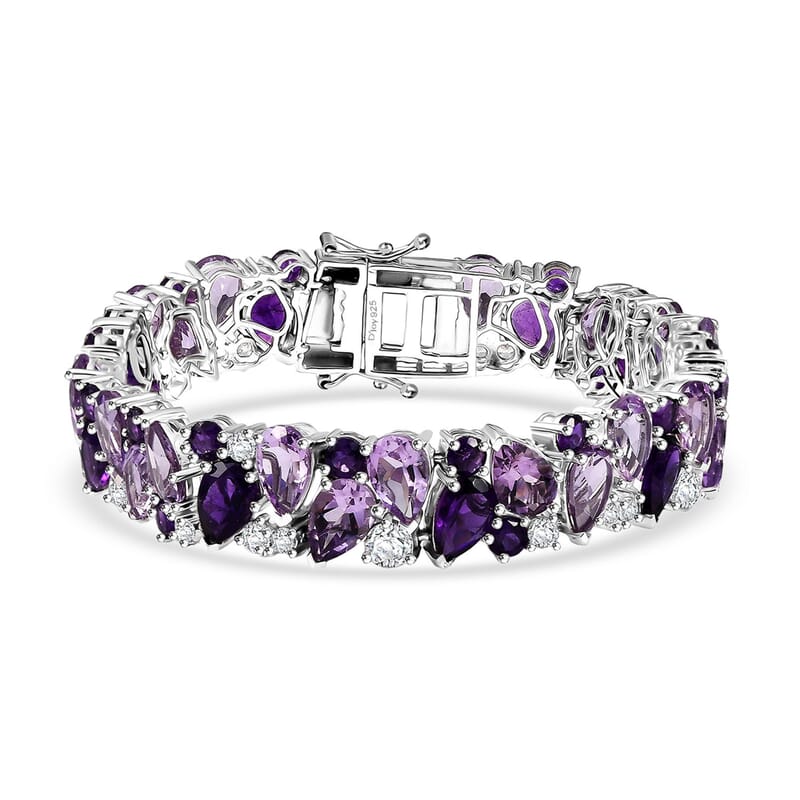 D'Joy AAA Rose De France Amethyst and Multi Gemstone 50.30 ctw Bloom Bracelet in Rhodium Over Sterling Silver (8.00 In)
