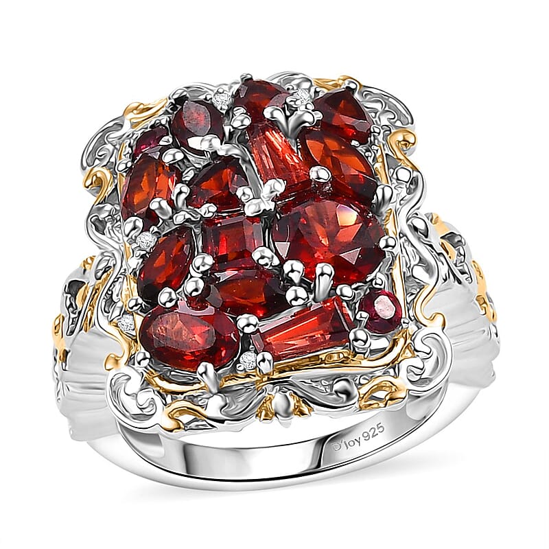 D'Joy Mozambique Garnet and White Zircon 4.00 ctw Filigree Ring in 18K Vermeil Yellow Gold and Rhodium Over Sterling Silver (Size 10.0)