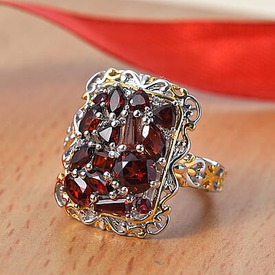 D'Joy Mozambique Garnet and White Zircon 4.00 ctw Filigree Ring in 18K Vermeil Yellow Gold and Rhodium Over Sterling Silver (Size 10.0)