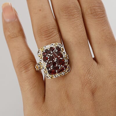 D'Joy Mozambique Garnet and White Zircon 4.00 ctw Filigree Ring in 18K Vermeil Yellow Gold and Rhodium Over Sterling Silver (Size 10.0)