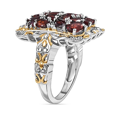 D'Joy Mozambique Garnet and White Zircon 4.00 ctw Filigree Ring in 18K Vermeil Yellow Gold and Rhodium Over Sterling Silver (Size 10.0)