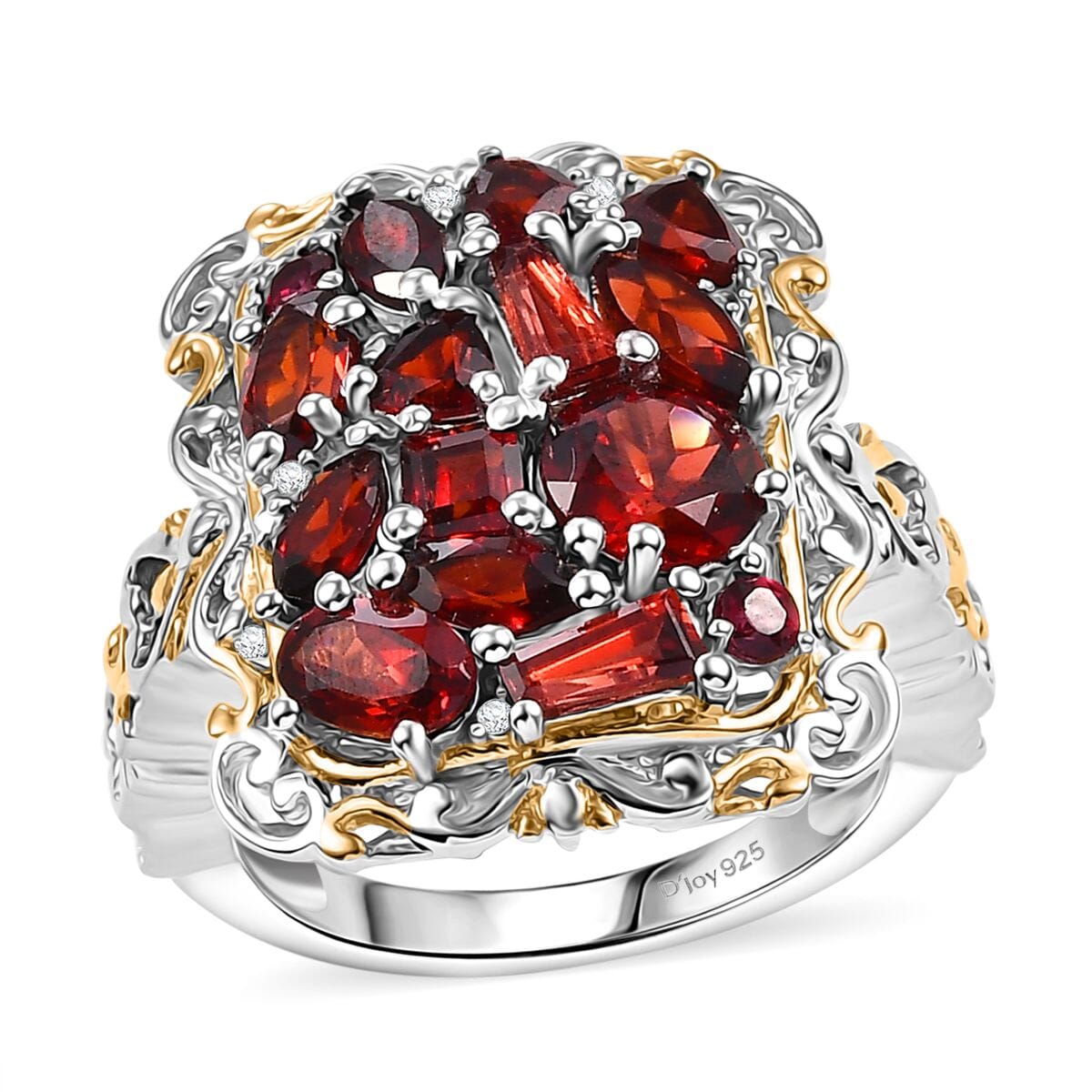 Mozambique Garnet and White Zircon 4.00 ctw Filigree Ring in 18K Vermeil Yellow Gold and Rhodium Over Sterling Silver (Size 7.0) image number 0