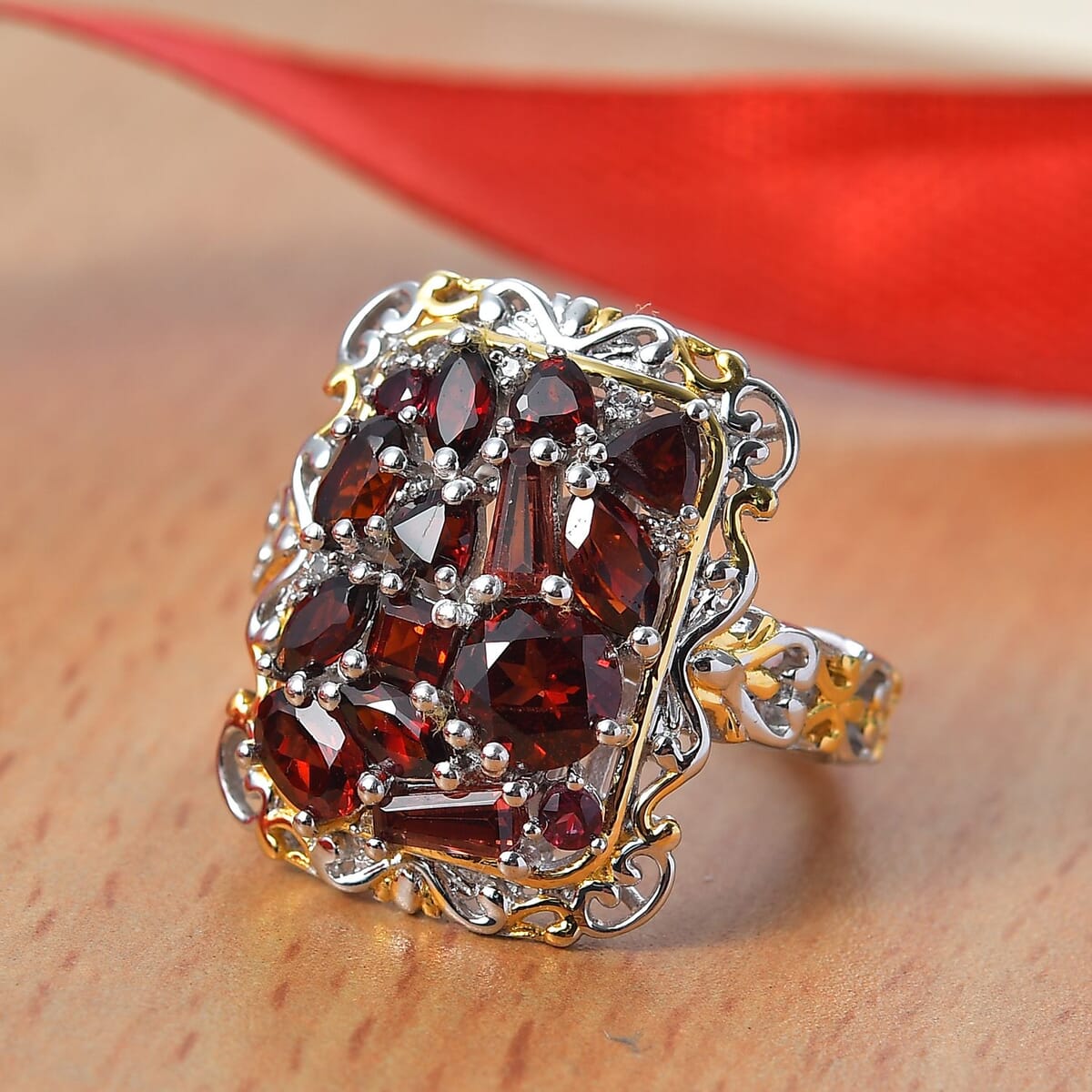 Mozambique Garnet and White Zircon 4.00 ctw Filigree Ring in 18K Vermeil Yellow Gold and Rhodium Over Sterling Silver (Size 9.0) image number 1