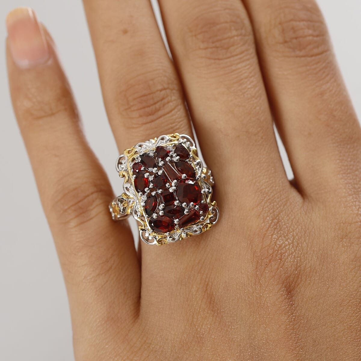 Mozambique Garnet and White Zircon 4.00 ctw Filigree Ring in 18K Vermeil Yellow Gold and Rhodium Over Sterling Silver (Size 9.0) image number 2
