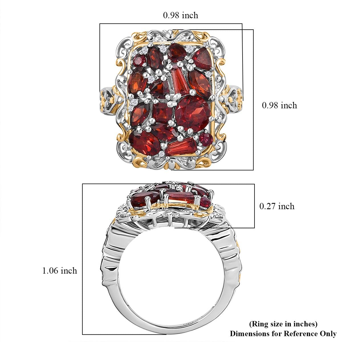 Mozambique Garnet and White Zircon 4.00 ctw Filigree Ring in 18K Vermeil Yellow Gold and Rhodium Over Sterling Silver (Size 9.0) image number 5