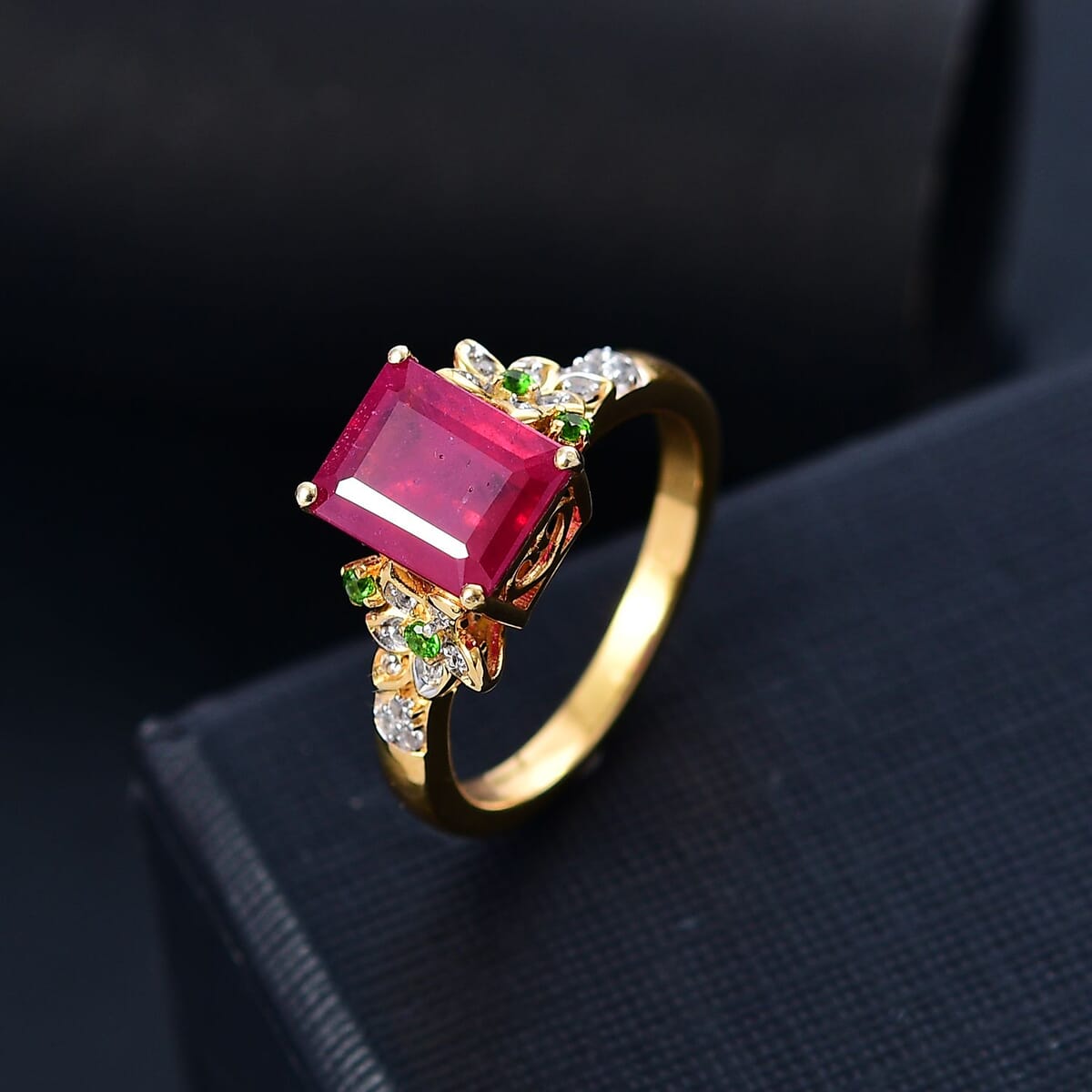 Niassa Ruby (FF) and Multi Gemstone 3.70 ctw Floral Ring in 18K Vermeil Yellow Gold Over Sterling Silver (Size 5.0) image number 1