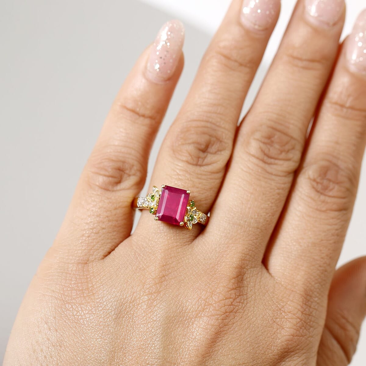 Niassa Ruby (FF) and Multi Gemstone 3.70 ctw Floral Ring in 18K Vermeil Yellow Gold Over Sterling Silver (Size 5.0) image number 2