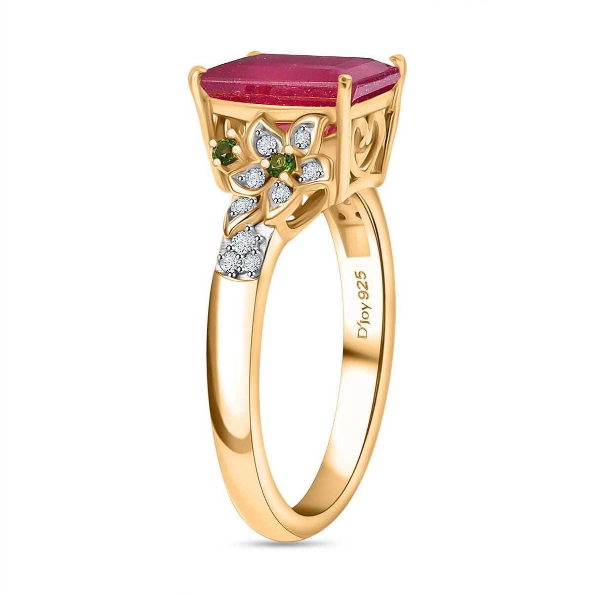 Niassa Ruby (FF) and Multi Gemstone 3.70 ctw Floral Ring in 18K Vermeil Yellow Gold Over Sterling Silver (Size 5.0) image number 3