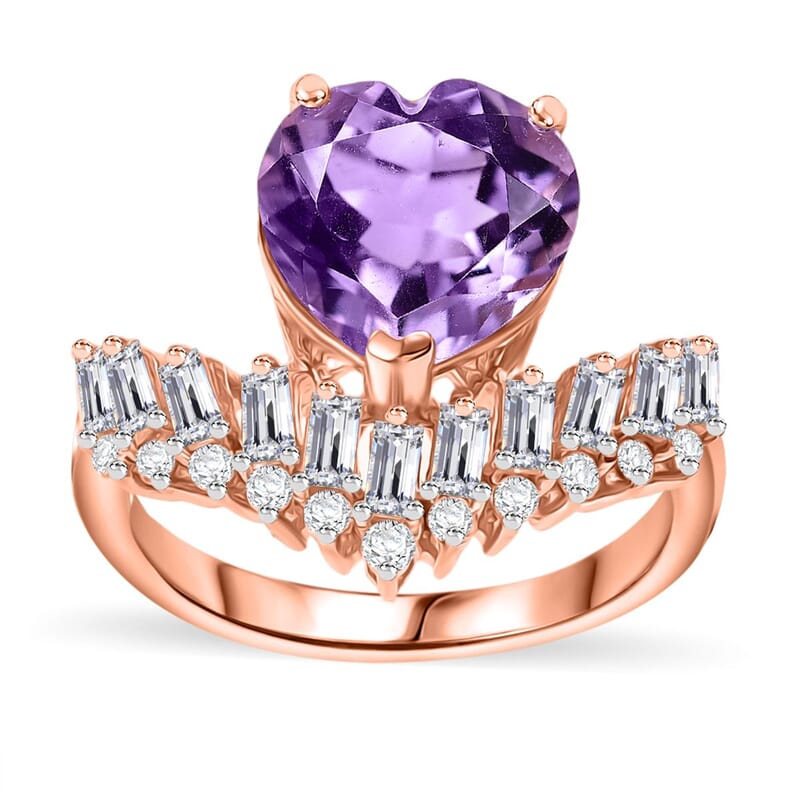 D'Joy AAA Rose De France Amethyst and White Zircon 4.00 ctw Heart Chevron Ring in 18K Vermeil Rose Gold Over Sterling Silver (Size 10.0)