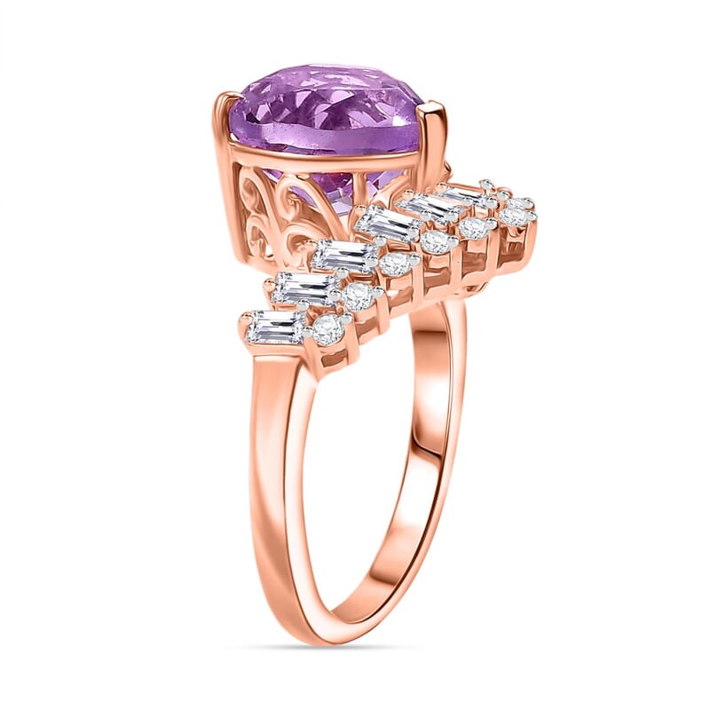 D'Joy AAA Rose De France Amethyst and White Zircon 4.00 ctw Heart Chevron Ring in 18K Vermeil Rose Gold Over Sterling Silver (Size 10.0)