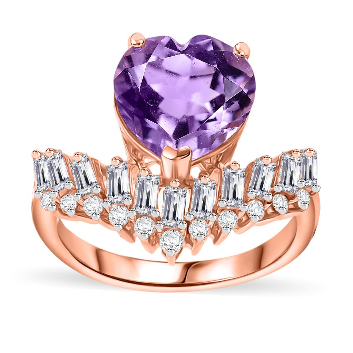 AAA Rose De France Amethyst and White Zircon 4.00 ctw Heart Chevron Ring in 18K Vermeil Rose Gold Over Sterling Silver (Size 8.0) image number 0