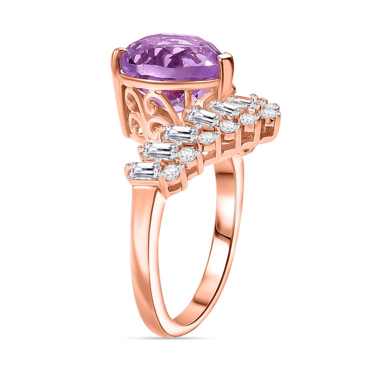 AAA Rose De France Amethyst and White Zircon 4.00 ctw Heart Chevron Ring in 18K Vermeil Rose Gold Over Sterling Silver (Size 8.0) image number 3
