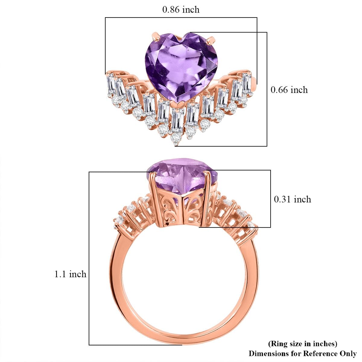 AAA Rose De France Amethyst and White Zircon 4.00 ctw Heart Chevron Ring in 18K Vermeil Rose Gold Over Sterling Silver (Size 8.0) image number 5