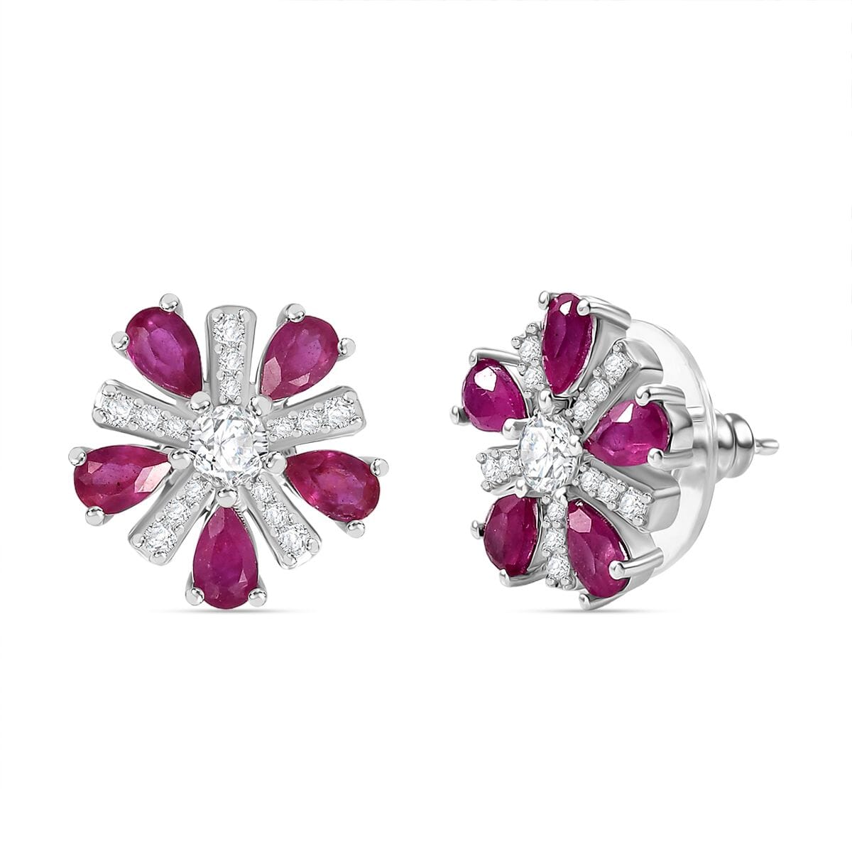 Niassa Ruby (FF) and White Zircon 3.90 ctw Floral Earrings in Rhodium Over Sterling Silver image number 0