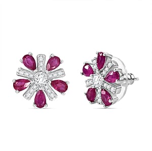 D'Joy Niassa Ruby (FF) and White Zircon 3.90 ctw Floral Earrings in Rhodium Over Sterling Silver