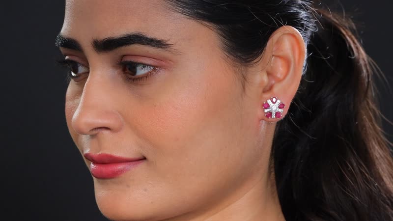 D'Joy Niassa Ruby (FF) and White Zircon 3.90 ctw Floral Earrings in Rhodium Over Sterling Silver