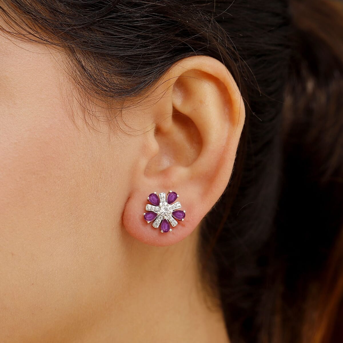 Niassa Ruby (FF) and White Zircon 3.90 ctw Floral Earrings in Rhodium Over Sterling Silver image number 2