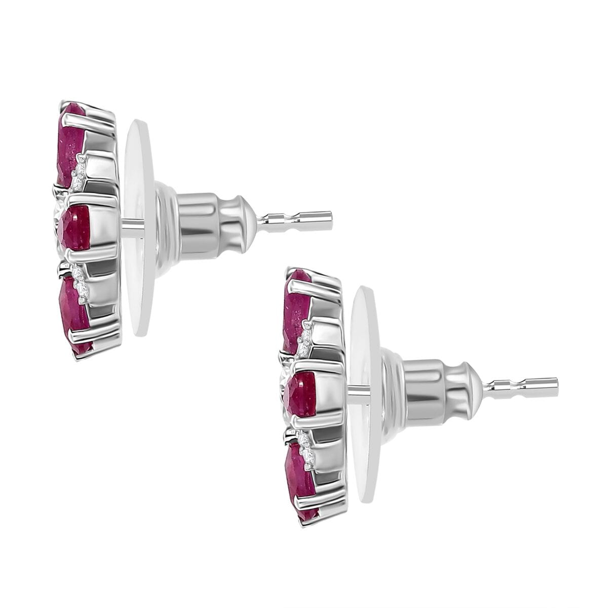 Niassa Ruby (FF) and White Zircon 3.90 ctw Floral Earrings in Rhodium Over Sterling Silver image number 3
