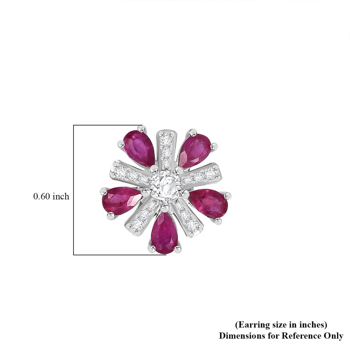Niassa Ruby (FF) and White Zircon 3.90 ctw Floral Earrings in Rhodium Over Sterling Silver image number 4