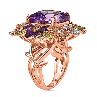 GP Italian Garden Collection Rose De France Amethyst and Multi Gemstone 17.40 ctw Ring in 18K Vermeil Rose Gold Over Sterling Silver (Size 10.0)