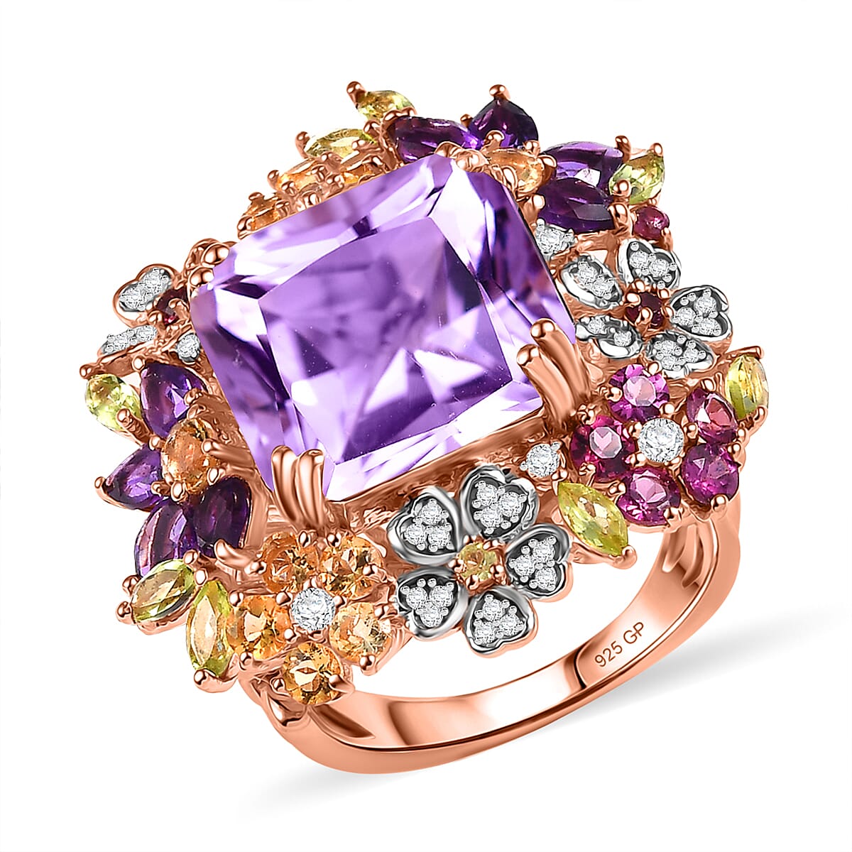 GP Italian Garden Collection Rose De France Amethyst and Multi Gemstone 17.40 ctw Ring in 18K Vermeil Rose Gold Over Sterling Silver (Size 8.0) image number 0
