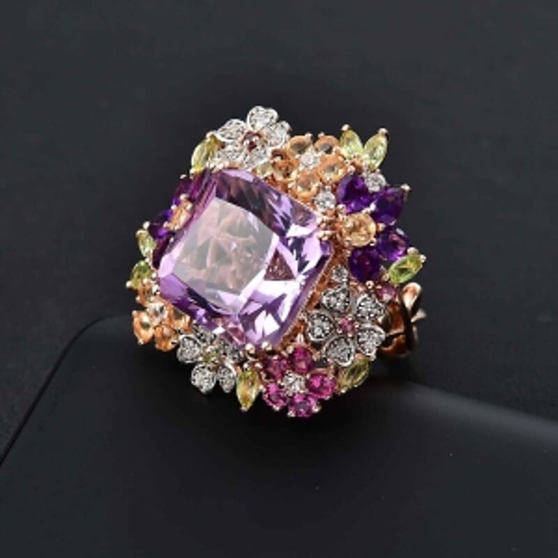 GP Italian Garden Collection Rose De France Amethyst and Multi Gemstone 17.40 ctw Ring in 18K Vermeil Rose Gold Over Sterling Silver (Size 9.0)