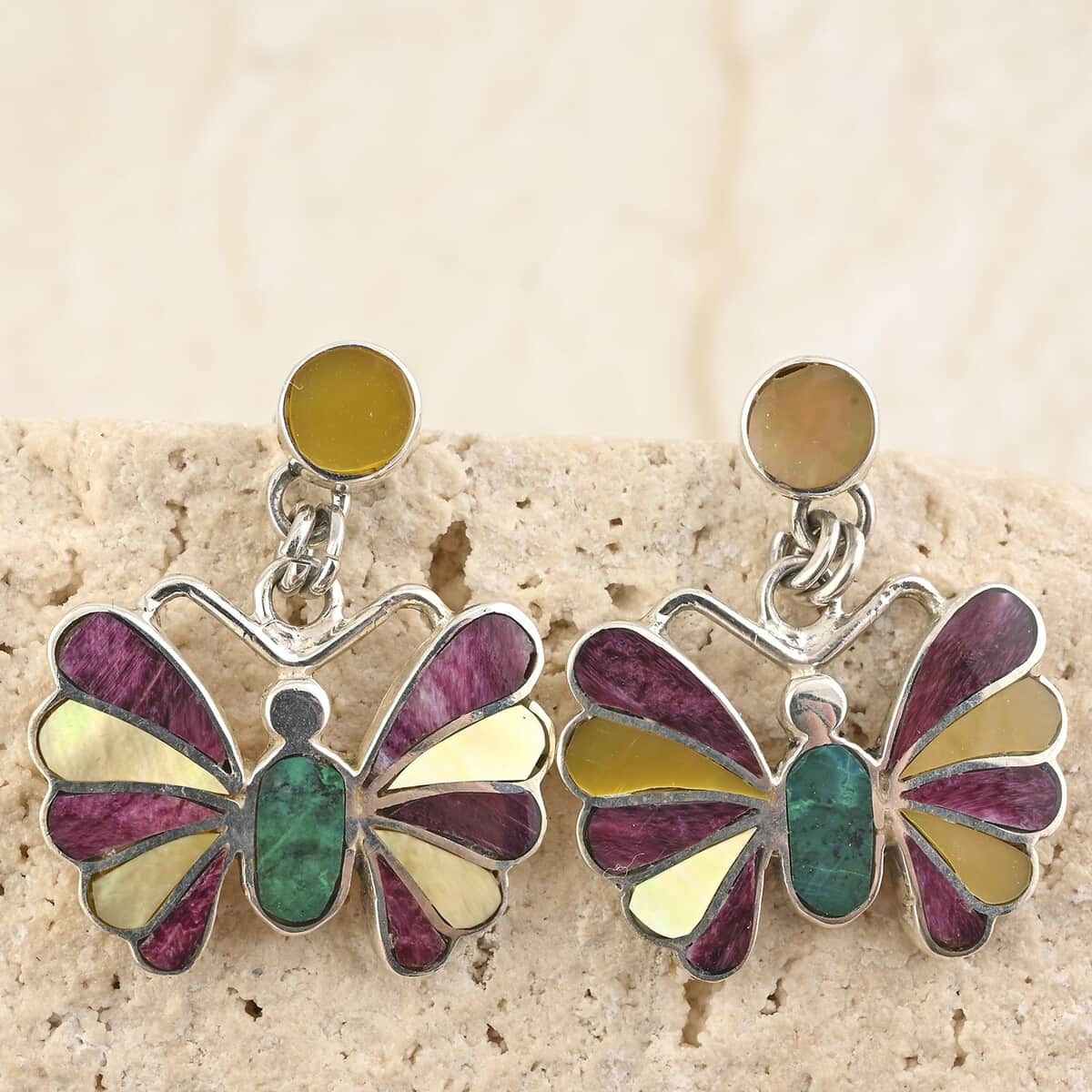 Peruvian Artistry Multi Gemstone 1.85 ctw Butterfly Earrings in Sterling Silver image number 1