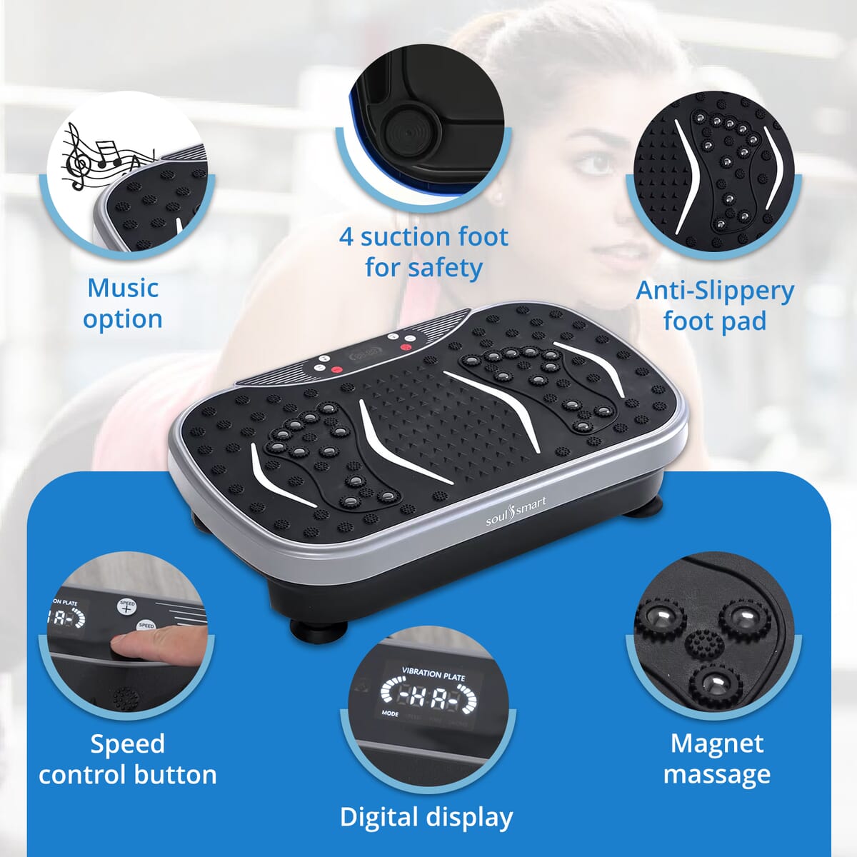 SoulSmart Vibrating Fitness Platform with Bluetooth Speaker, 2 Resistance Bands and Remote Control - Grey image number 3