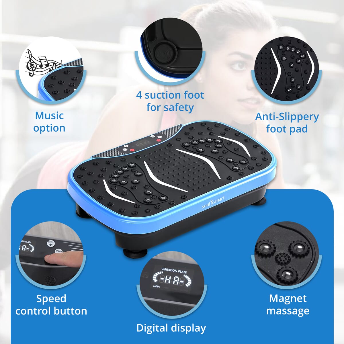 SoulSmart Vibrating Fitness Platform with Bluetooth Speaker, 2 Resistance Bands and Remote Control - Blue image number 3