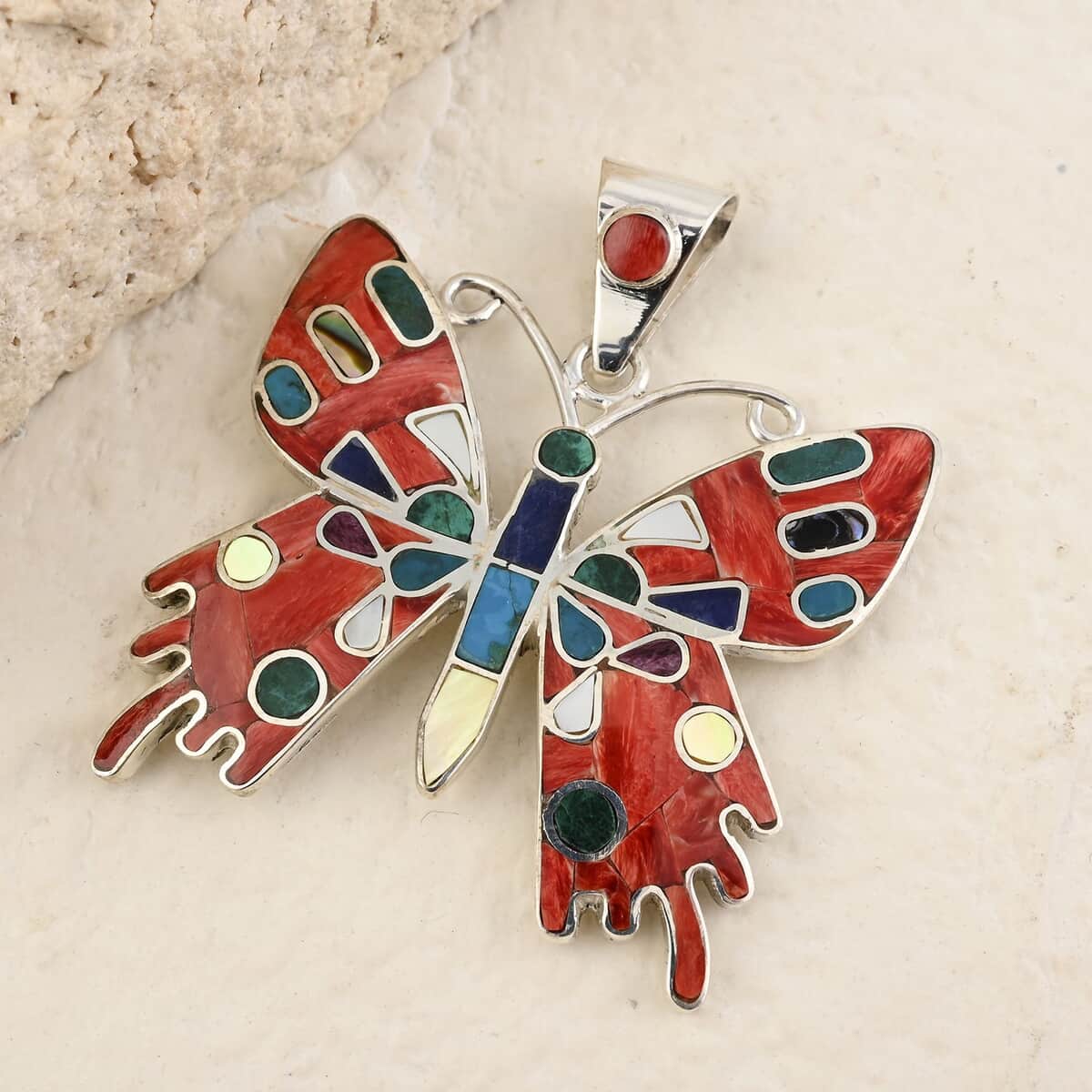 Peruvian Artistry Multi Gemstone 2.35 ctw Super Butterfly Pendant in Sterling Silver image number 1