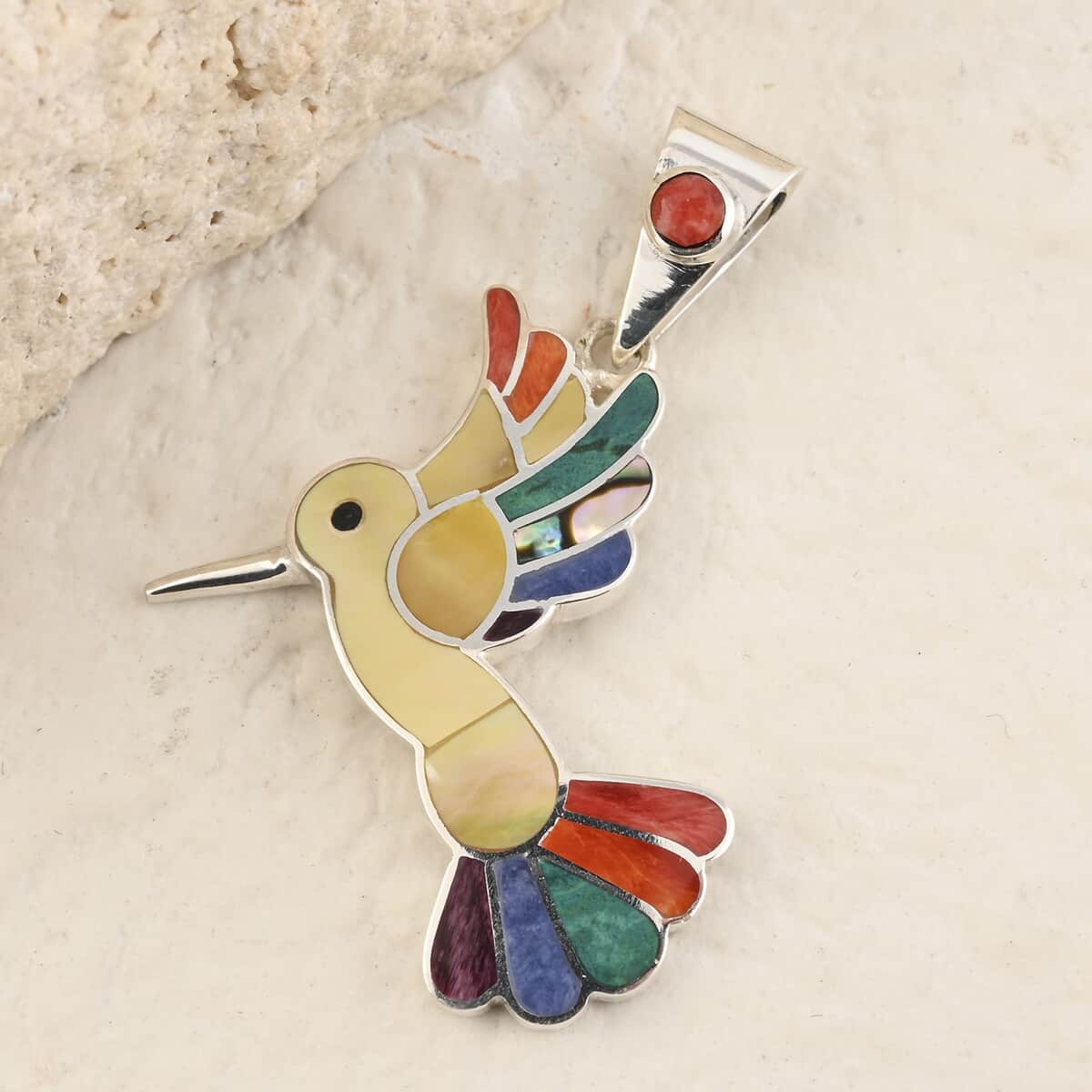 Peruvian Artistry Multi Gemstone 1.10 ctw Brave Humming Bird Pendant in Sterling Silver image number 1