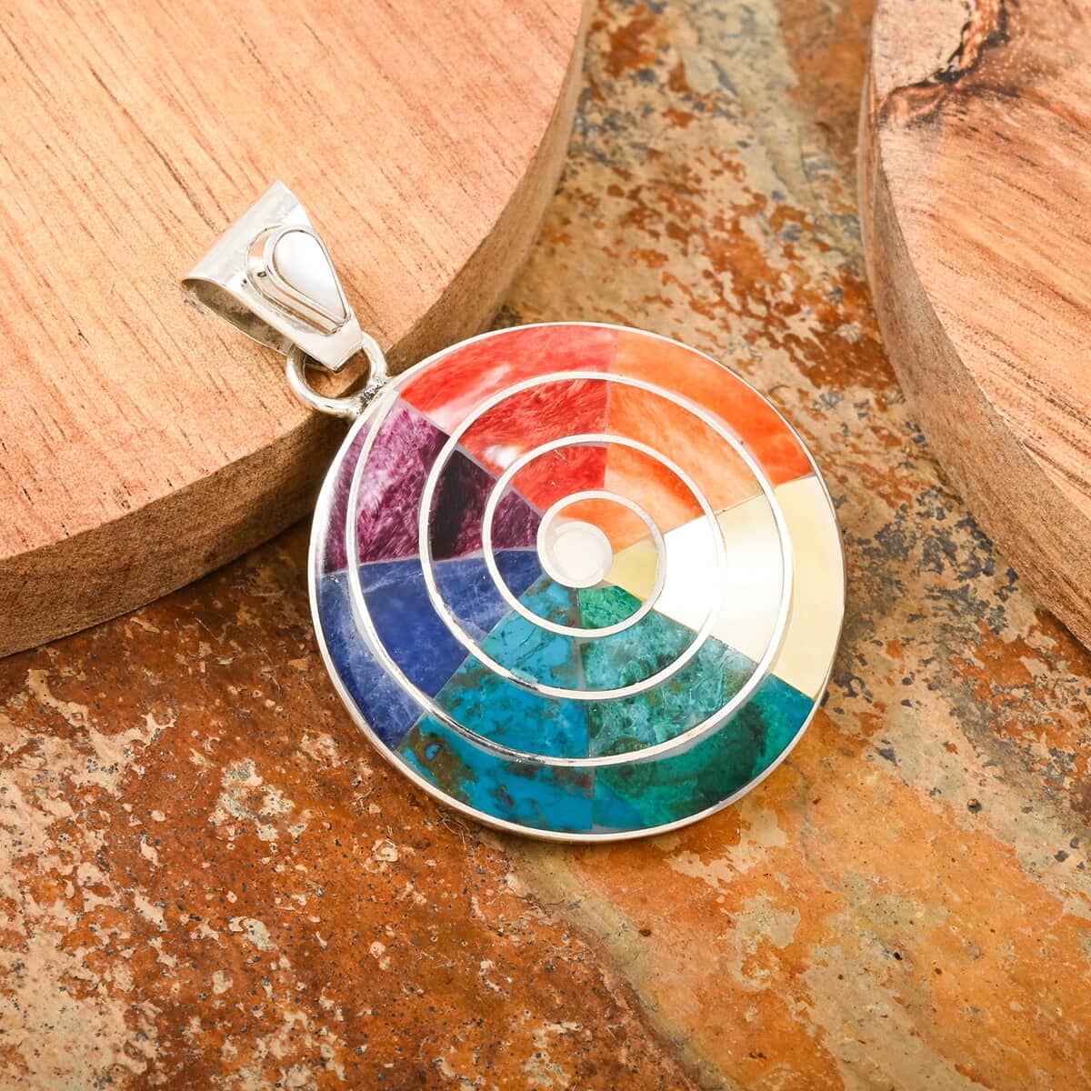 Peruvian Artistry Multi Gemstone 2.10 ctw Big Pachamama Pendant in Sterling Silver image number 1