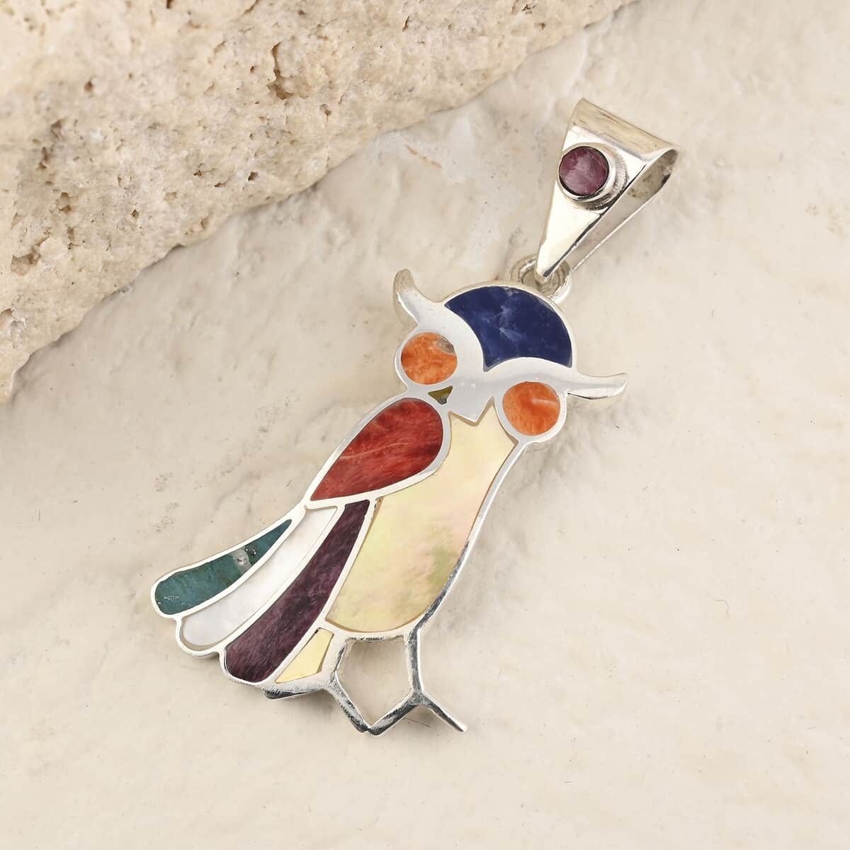 Peruvian Artistry Multi Gemstone 1.10 ctw Owl Pendant in Sterling Silver image number 1