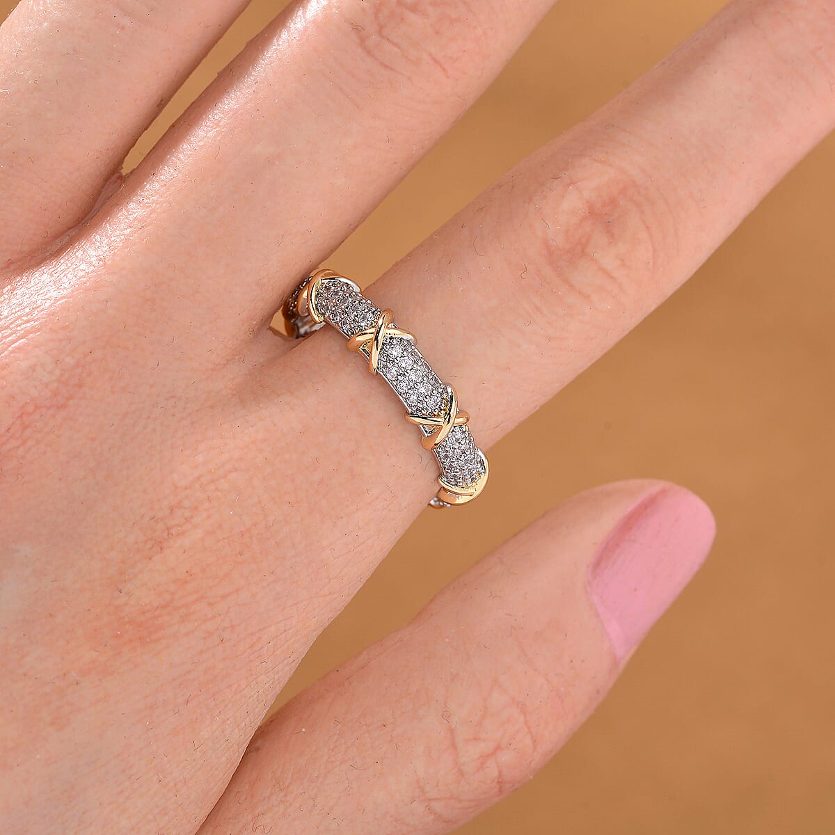 Simulated Diamond XOXO Ring in Dualtone (Size 6.0) image number 1