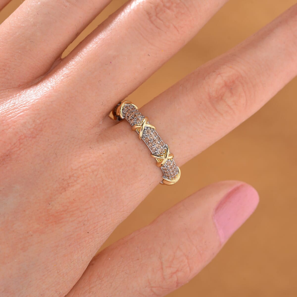 Simulated Champagne Diamond XOXO Ring in Dualtone (Size 9.0) image number 1