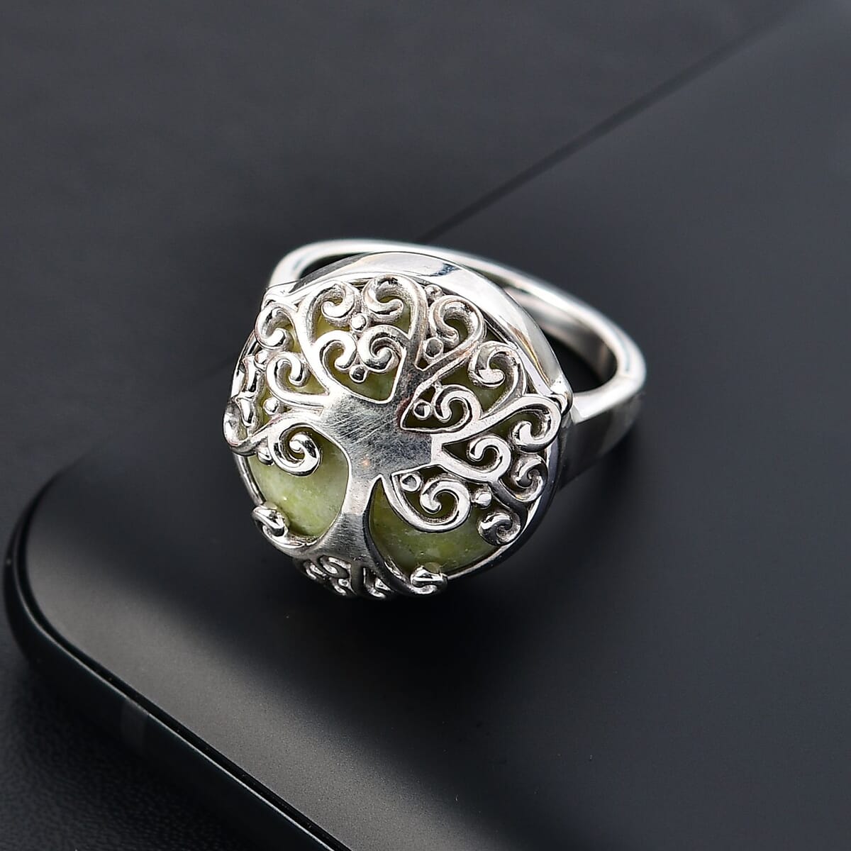Connemara Marble 13.00 ctw Tree of Life Ring in Platinum Over Sterling Silver (Size 9.0) image number 1