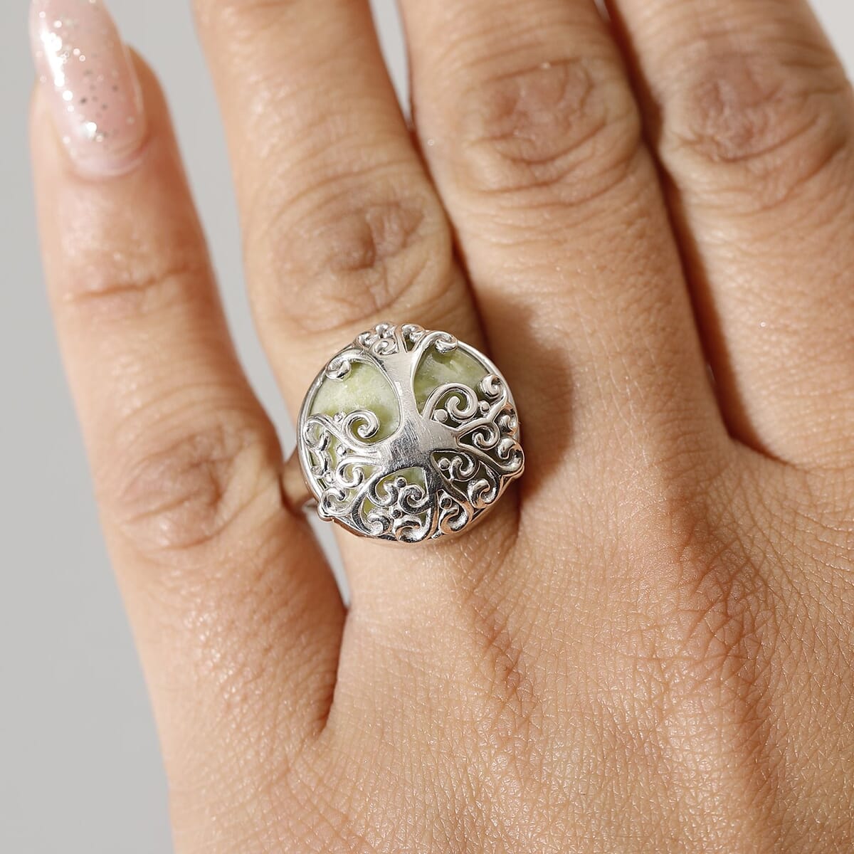 Connemara Marble 13.00 ctw Tree of Life Ring in Platinum Over Sterling Silver (Size 9.0) image number 2