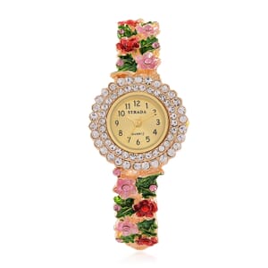 Strada Multi Color Austrian Crystal and Enameled Japanse Movement Bangle Watch in Goldtone