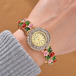 Strada Multi Color Austrian Crystal and Enameled Japanse Movement Bangle Watch in Goldtone