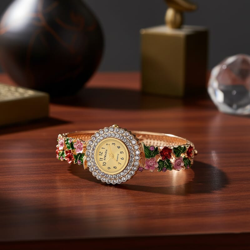 Strada Multi Color Austrian Crystal and Enameled Japanse Movement Bangle Watch in Goldtone