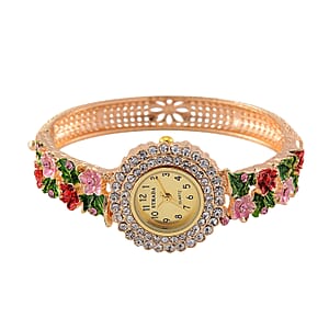 Strada Multi Color Austrian Crystal and Enameled Japanse Movement Bangle Watch in Goldtone