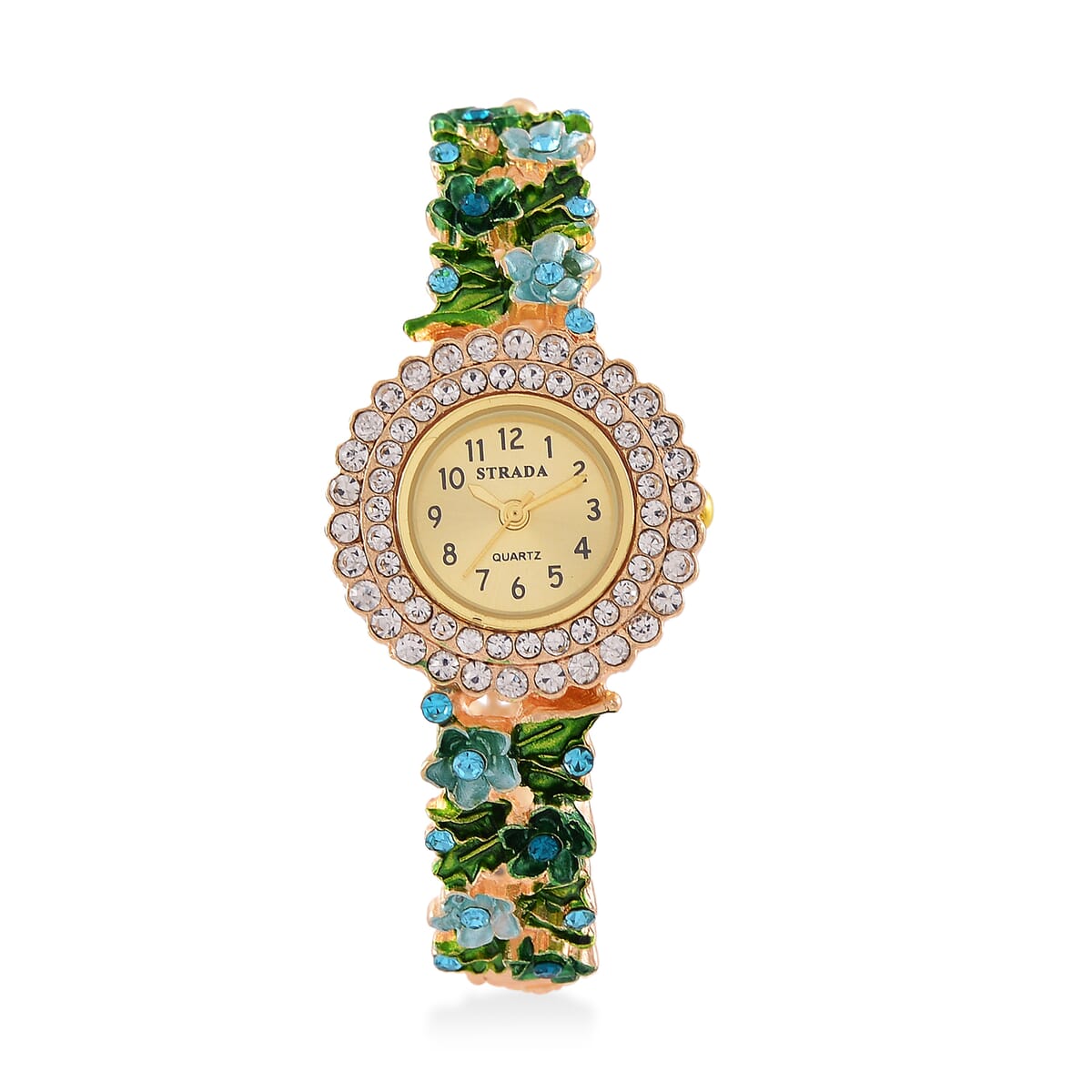 Strada White and Blue Austrian Crystal and Enameled Japanse Movement Bangle Watch in Goldtone image number 0
