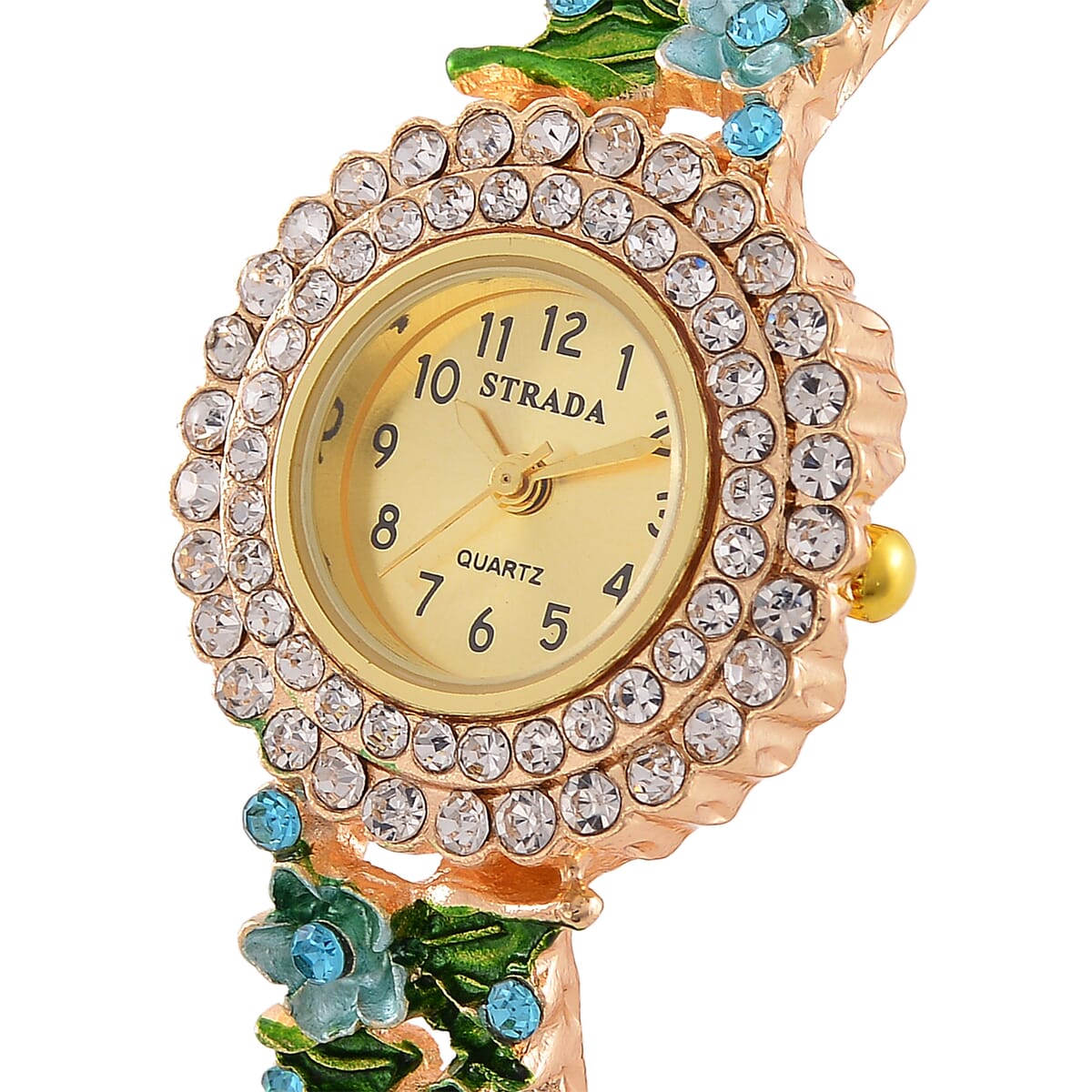 Strada White and Blue Austrian Crystal and Enameled Japanse Movement Bangle Watch in Goldtone image number 2