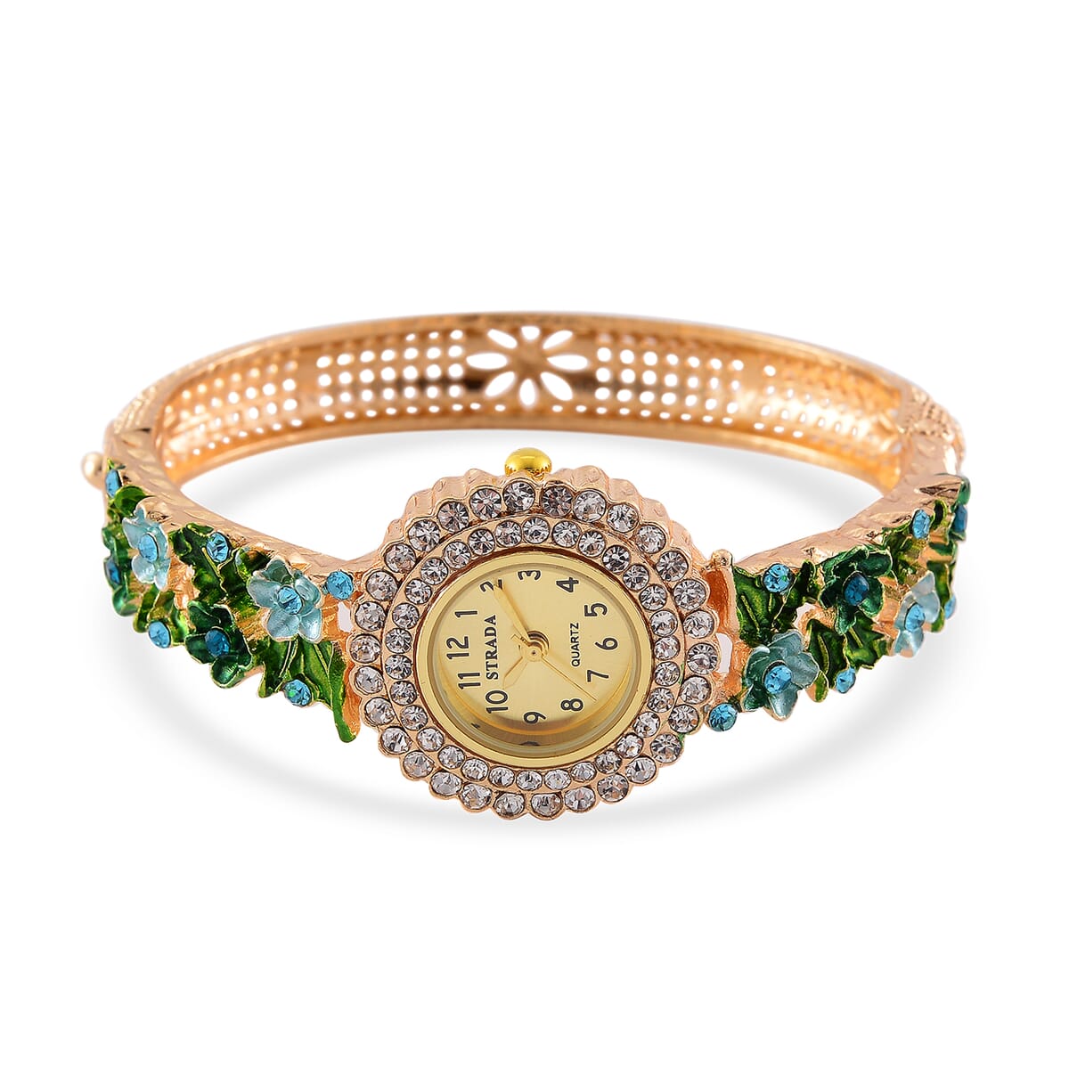 Strada White and Blue Austrian Crystal and Enameled Japanse Movement Bangle Watch in Goldtone image number 3