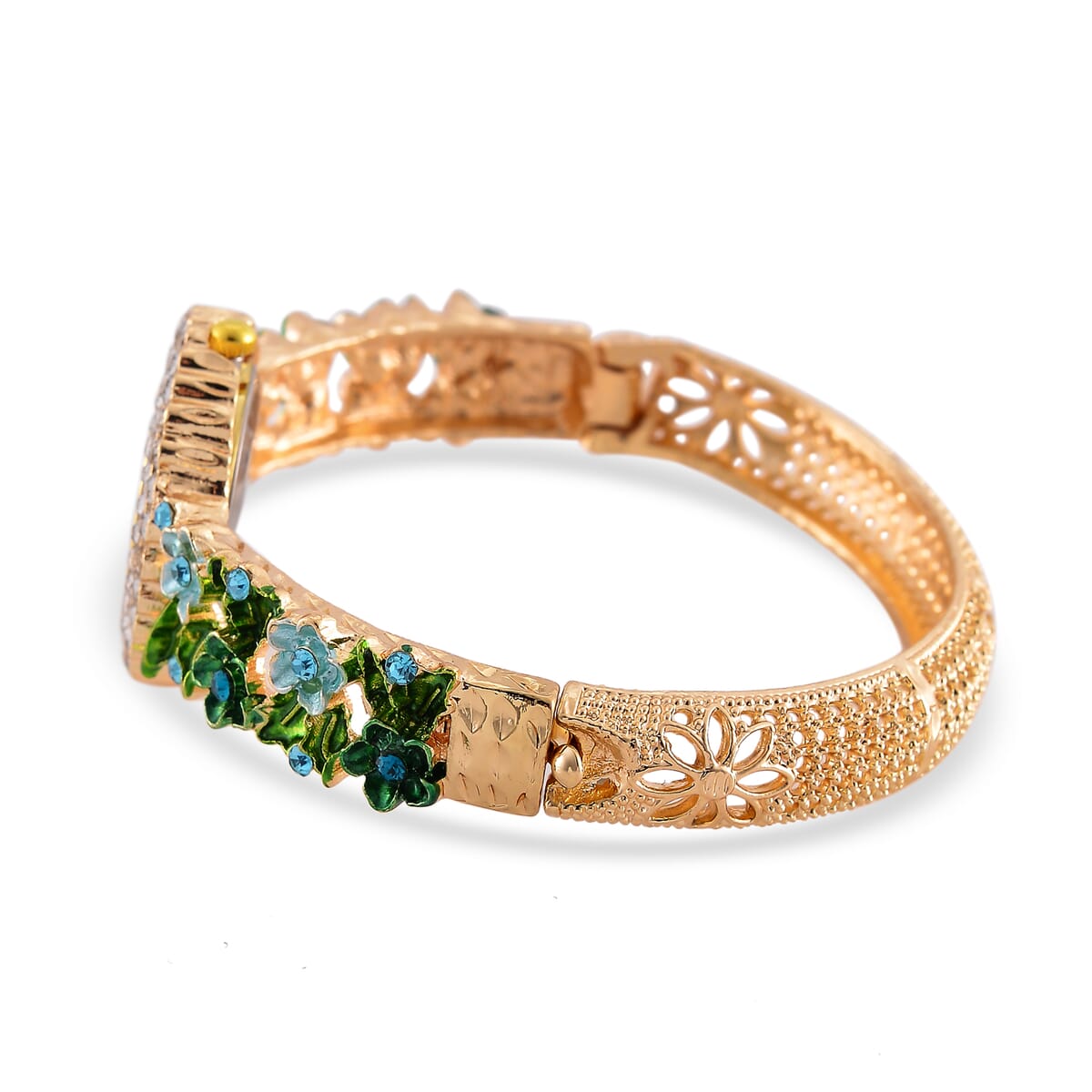 Strada White and Blue Austrian Crystal and Enameled Japanse Movement Bangle Watch in Goldtone image number 4