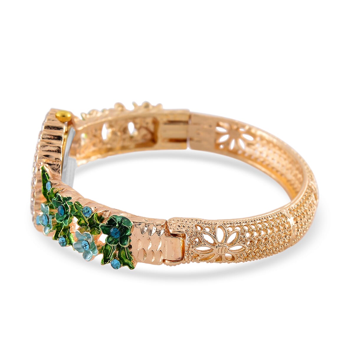 Strada White and Blue Austrian Crystal and Enameled Japanse Movement Bangle Watch in Goldtone image number 5