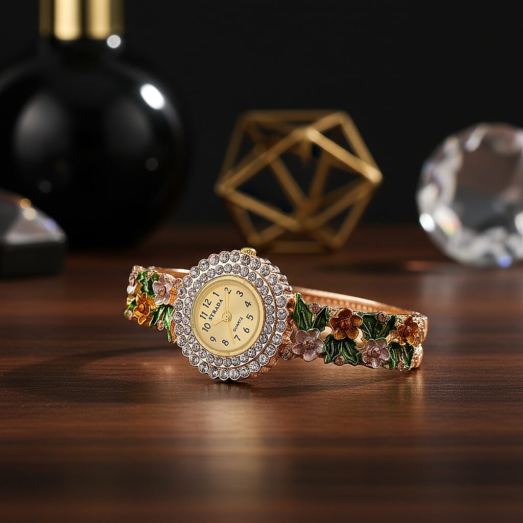 Strada Multi Color Austrian Crystal and Enameled Japanse Movement Bangle Watch in Goldtone