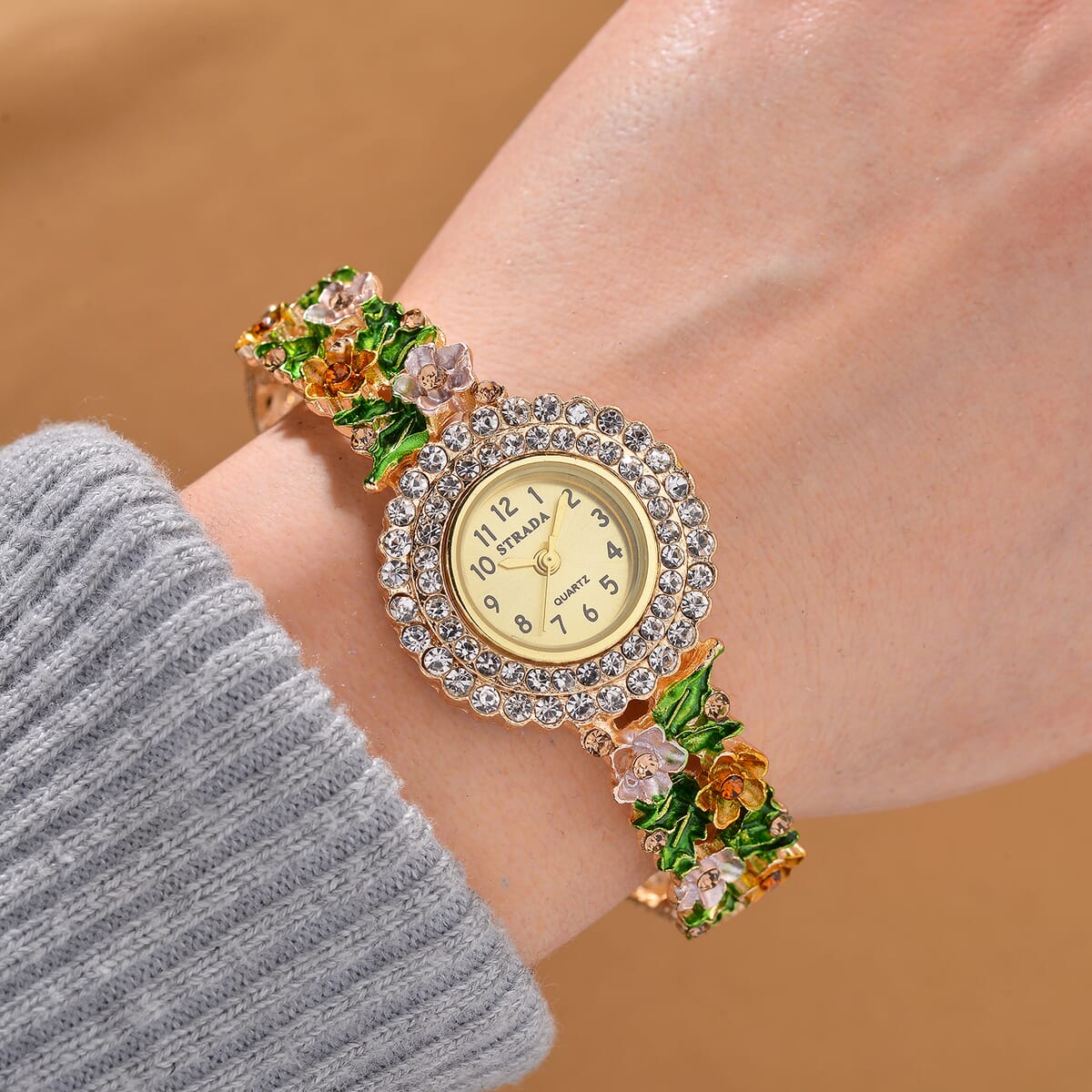 Strada Multi Color Austrian Crystal and Enameled Japanse Movement Bangle Watch in Goldtone image number 1